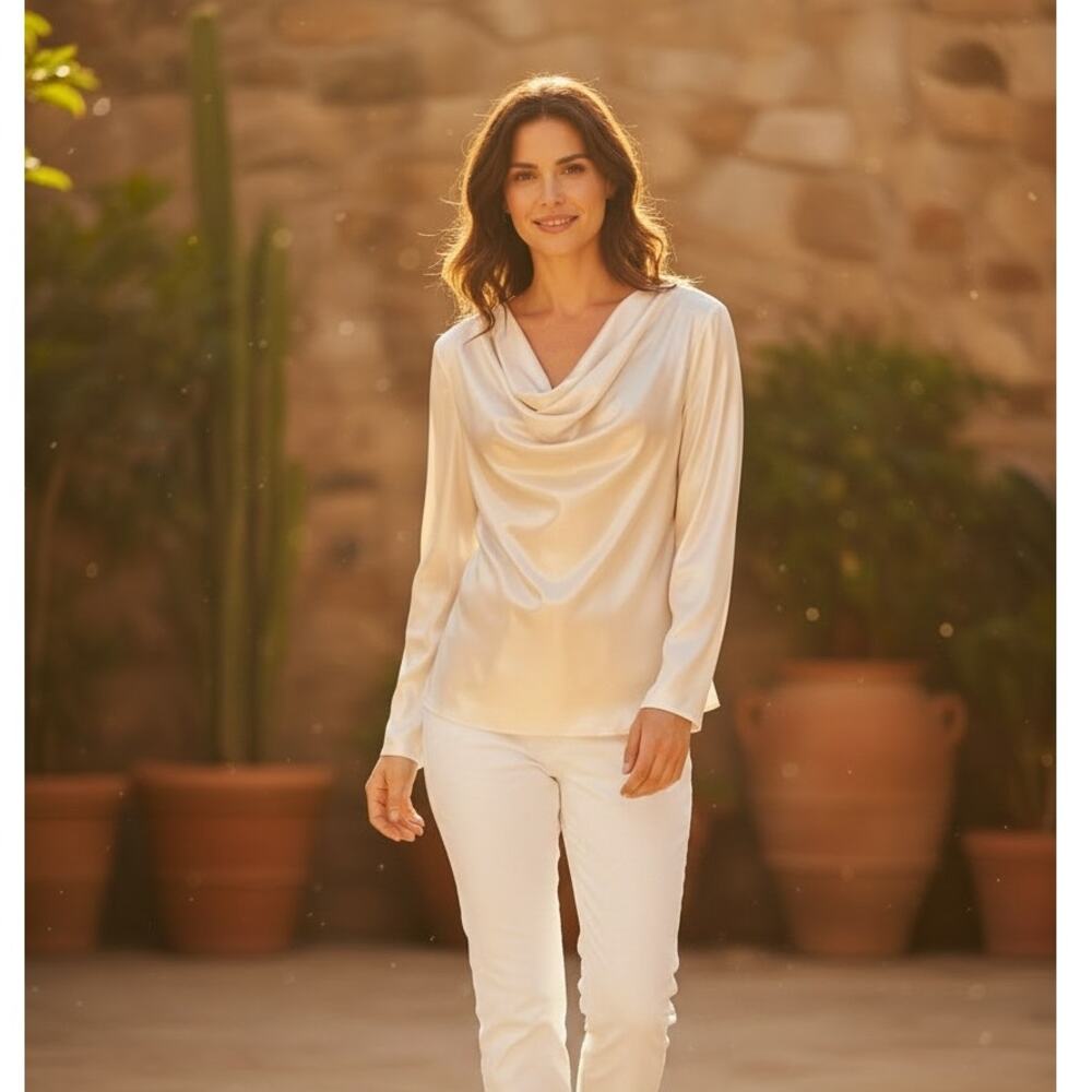 Diomi Reversible Cowl Neck Satin Blouse White Gold‎ Medium NWT
